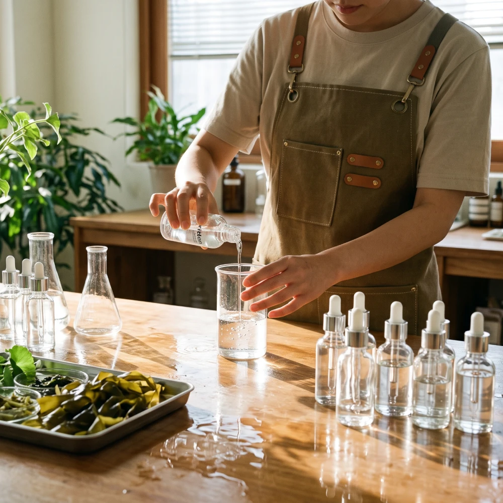 Person mixing liquid ingredients.